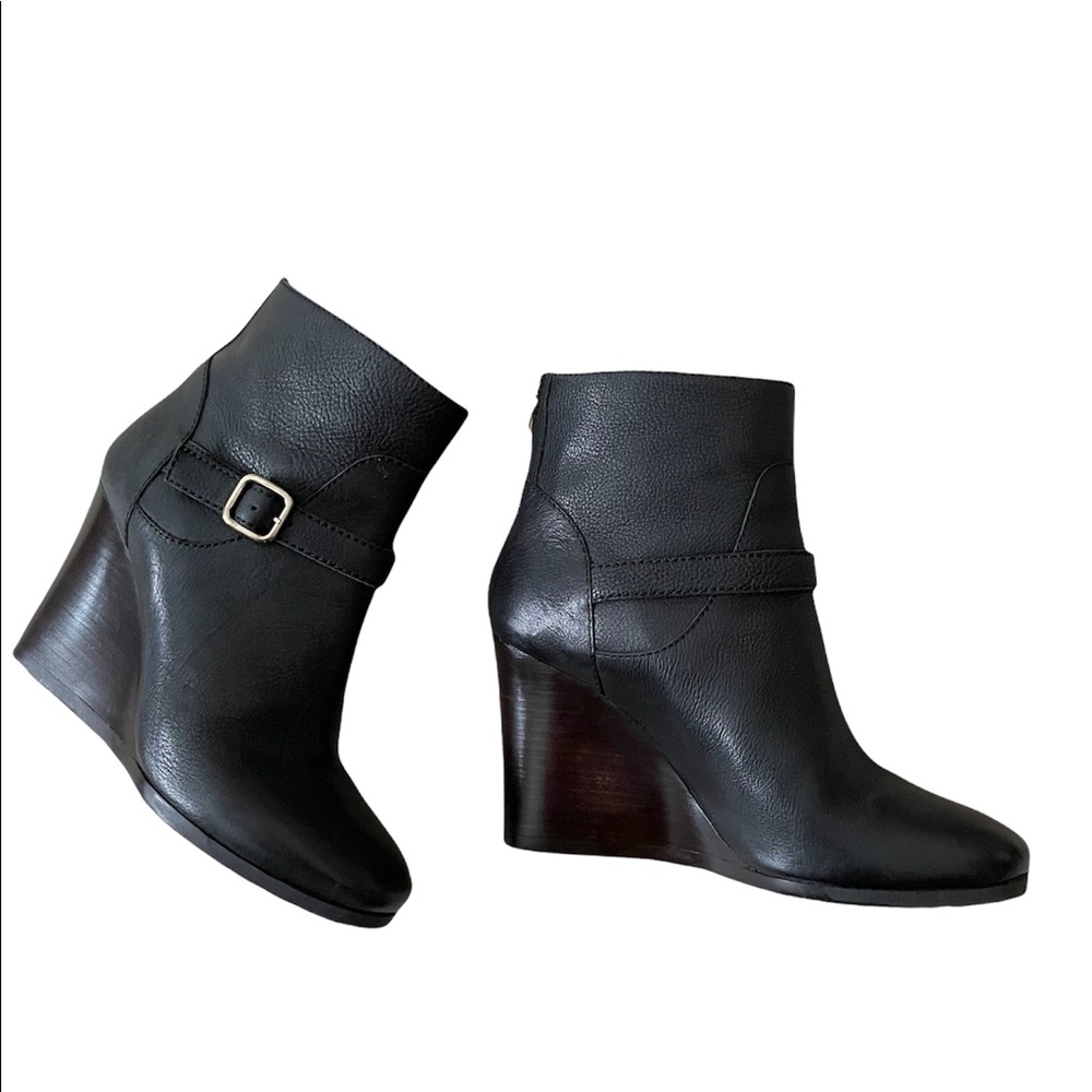 J Crew Emmett Black Wedge Ankle Boots With Gold Buckle and Zip Accent size 7